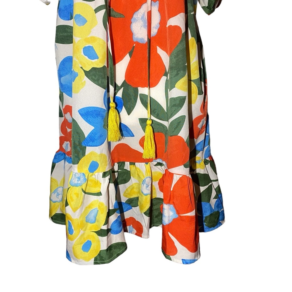 Umgee Women's Medium Bubble Sleeve Floral Mini Tiered Ruffle Dress‎ Tassels - Picture 3 of 8